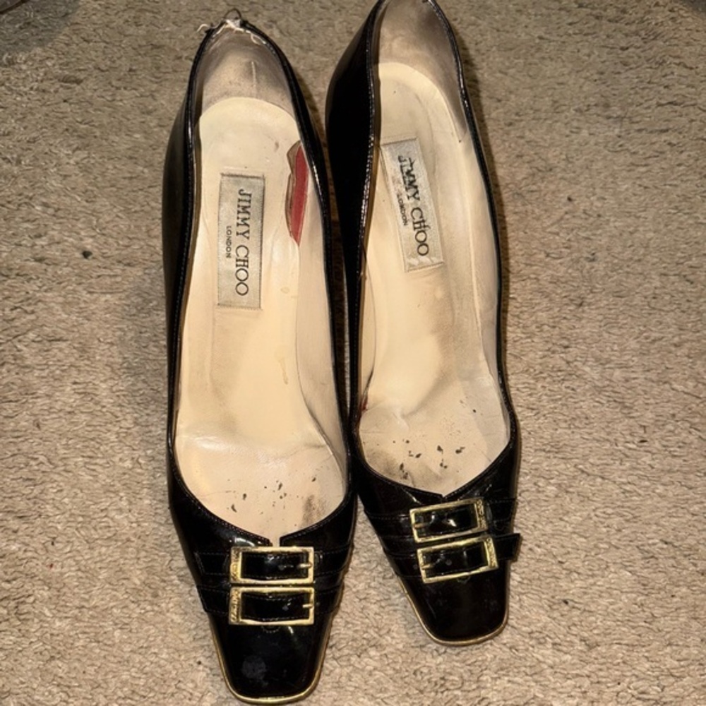 Jimmy Choo Black Gold Patent Leather Double Buckle & Toe Plate Detail Pumps